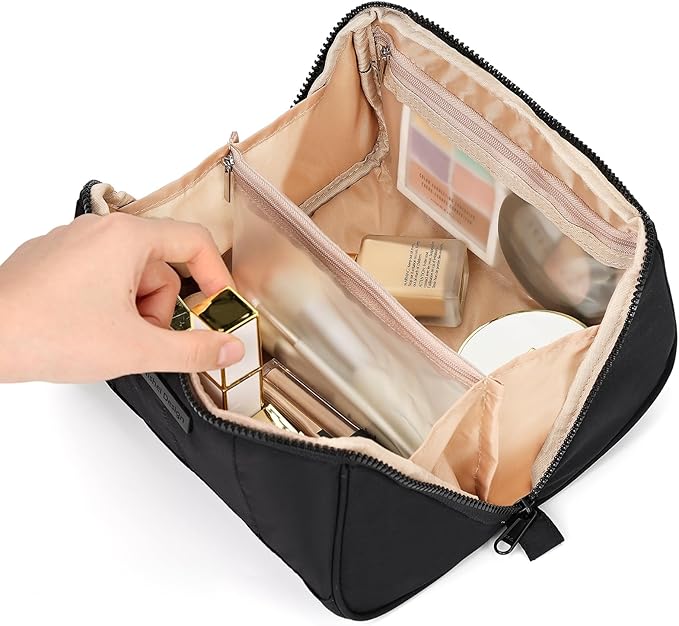 NISHEL Travel Makeup Bag for Women, Fluffy & Lightweight Open Flat Cosmetic Organizer with Multiple Functional Divider for Brush Independent Storage, Handle for Easy Portability, Black