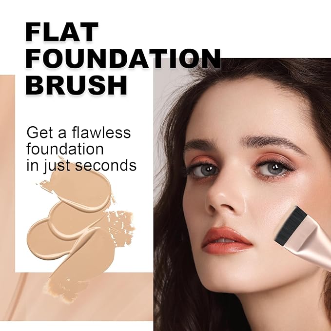 Flat Foundation Brush for Liquid Makeup,14CM Premium Fast Flawless Flat Top Kabuki Makeup Brushes Face Cosmetics Concealer Brush for Liquid, Blending, Powder, Cream, Powder, Blush, Buffing Rose Gold