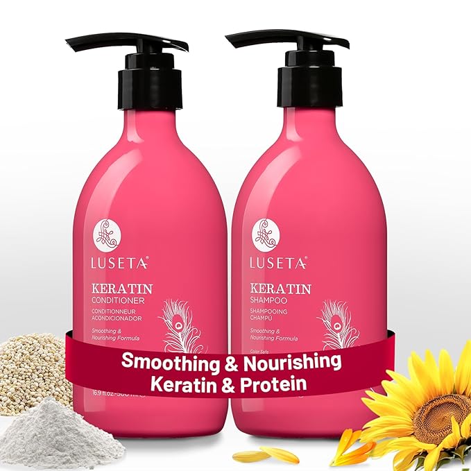 Luseta Keratin Shampoo and Conditioner for Color Treated Damaged & Dry Hair, Keratin Hair Treatment for Smoothing& Nourishing, Free of Sulfates, Paraben and Gluten 2 X 16.9Oz