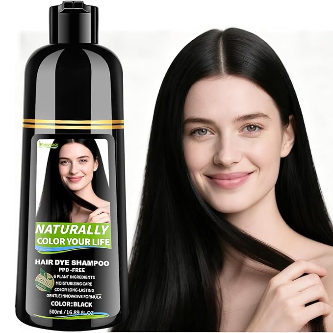 Black Hair Dye Shampoo for Women & Men, 3 in 1 Semi-Permanent Color with Gray Coverage & Herbal Natural Formula