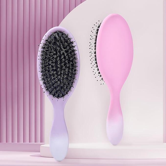 Boar Bristles Hair Brush for Women and Men, Detangling Hair Brush for Smoothing Massage Add Shine, Nylon&Boar Bristles Detangler brush for Hair Healthy (Purple&White)