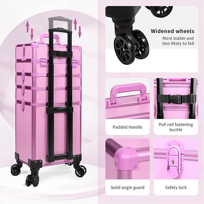 Profesional Rolling Makeup Train Case with Lid, 5 in 1 Cosmetology Case on Wheels, Large Cosmetic Trolley Organizer Travel for Hairstylist Artist Nail Beauty Salon Barber, Pink