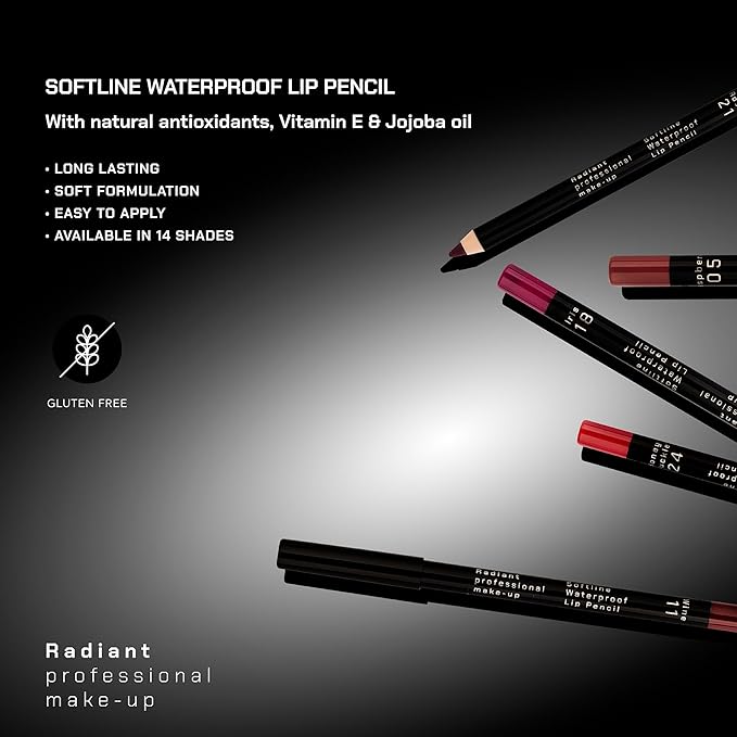 Radiant Professional Waterproof Lip Liner Pencil - Long Lasting Lip Liner for Defined Lips - Soft & Creamy Lipliner with Vitamin E - 1.20 g, (12 DARK RED)