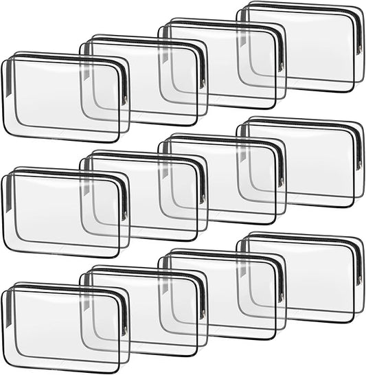 TISRATOK 12 PCS Clear Makeup Bag for Women with Zipper, TSA Approved Toiletry Pouch, Cosmetic Bag Bulk for Travel Organizer Essentials - Black,Large