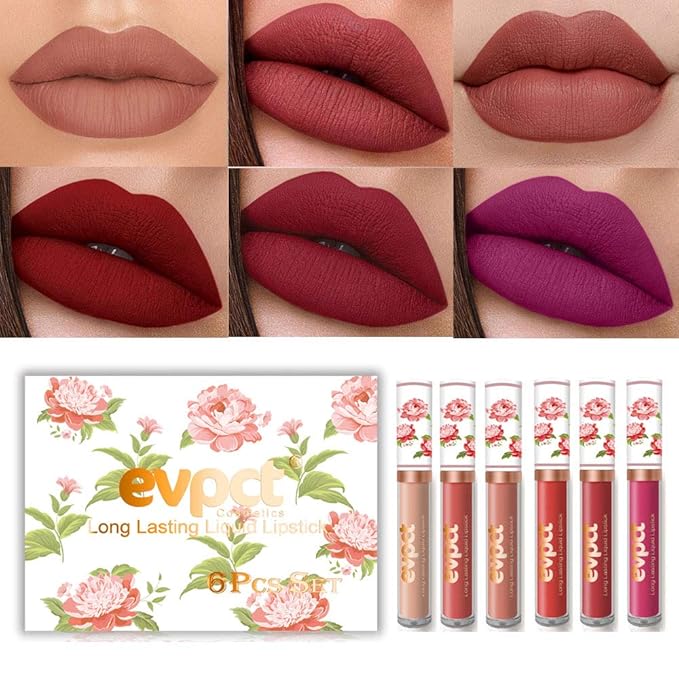 evpct 6Pcs Peony Flower Liquid Matte Lipstick Set,Dark Red Purple Permanent Lipsticks Lip Stain Set for Women Long Lasting Waterproof 24 Matt Lippies labiales larga duracion 24