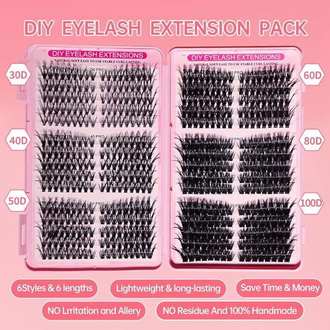 DIY Lash Clusters Kit Lash Extension Kit, 540pcs,30D&40D&50D&60D&80D&100D, 9-16mm, D Curl, Natural Volume Lash Extensions Wispy Eyelash Clusters Individual Lashes Kit,10#Black