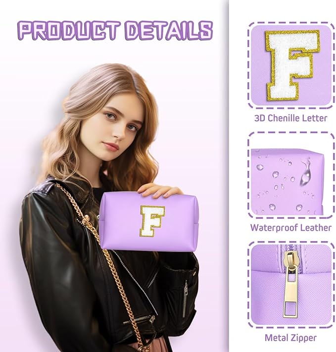 TOPEAST Preppy Stuff for Girls, Initial Makeup Bag Chenille Letter Pouch Cosmetic Bag with Zipper, PU Leather Waterproof Toiletry Bag, Cute Stuff Birthday Gift for Friends Sister (Purple T)