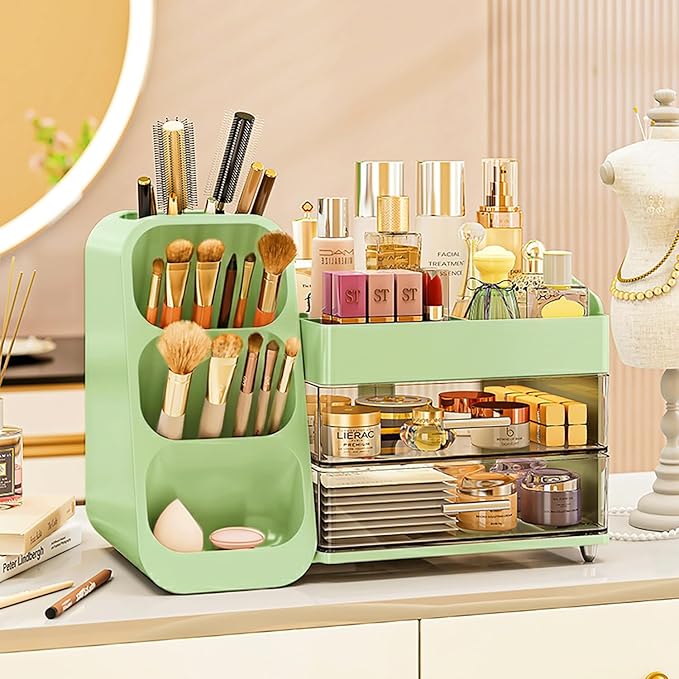Makeup Organizer with Drawers,Large Capacity Countertop Organizer for Vanity,Bathroom and Bedroom Desk Cosmetics Organizer,Easy To Storage Skincare,Brushes,Lotions,Lipstick (Green)