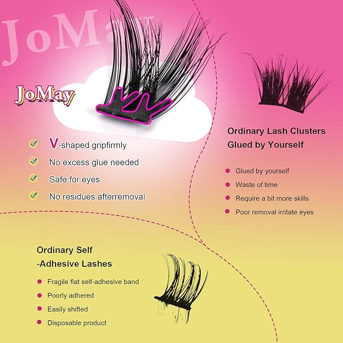 JoMay Self Adhesive Eyelashes, Press on Lashes No Glue Needed, Glueless Lashes Pre-Glued Natural Cluster Extension Kit D Curl For Beginners, No Sticky Residue 1 Step DIY 48PCS 10-16mm X5