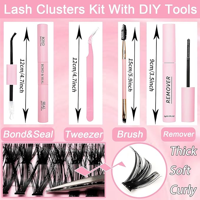 Lash Clusters Kit, 640 Pcs Eyelashes Clusters Extensions Kit 9-16mm Individual Lashes D Curl Fluffy Wispy False Eyelashes Thin Band, with Bond Seal Remover Tweezers Brush DIY (60D+80D Kit 9-16mm)