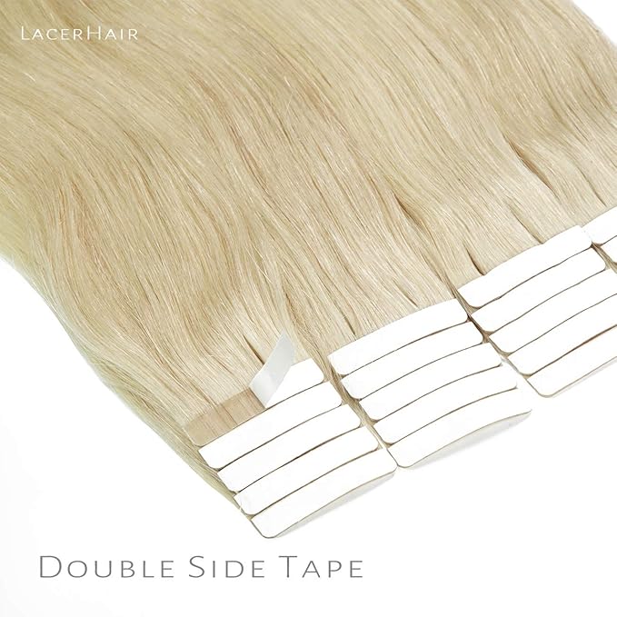 Lacer Tape in Hair Extension Human Hair Natural Dip Dyed Light Platinum Blonde Invisible PU Skin Weft 100% Human Hair Extensions Tape ins Double Sided Weft 50g 20pcs/set 16 Inch