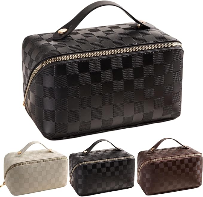 Large Capacity Checkered Makeup Bag Portable Travel Cosmetic Bags Open-Flat Toiletry Bag for Women Girls Make Up Organizer with Divider Pouch Zipper Bag (black-checkered)