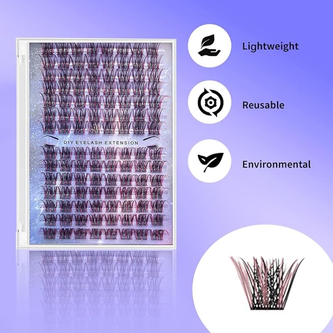 Colored False Eyelashes DIY Lash Clusters Kit Lash Extension Kit Natural Volume Lash Extensions Wispy Eyelash Clusters Individual Lashes Kit D Curl 9#(Black&Rose Red)
