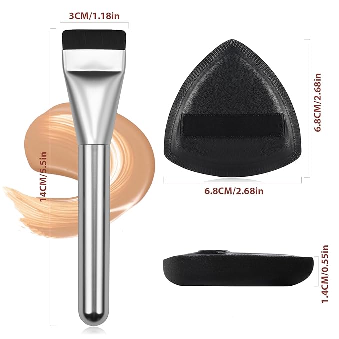 Flat Foundation Brush for Liquid Makeup, with Powder Puff Fast Flawless Flat Top Kabuki Makeup Brushes Face Cosmetics Concealer Brush for Liquid, Blending, Powder, Cream, Blush, Buffing Silver