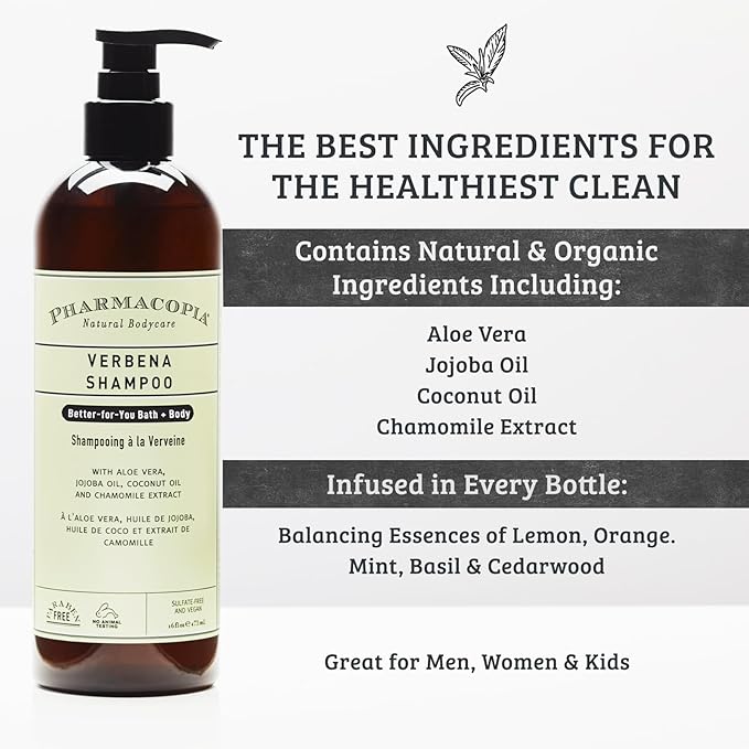 Pharmacopia Verbena Shampoo - Natural Hair Care with Plant Based & Organic Ingredients Aloe Vera, Jojoba Oil, Coconut Oil, and Chamomile Extract - Vegan, Cruelty Free, No Parabens or Sulfates, 16 oz