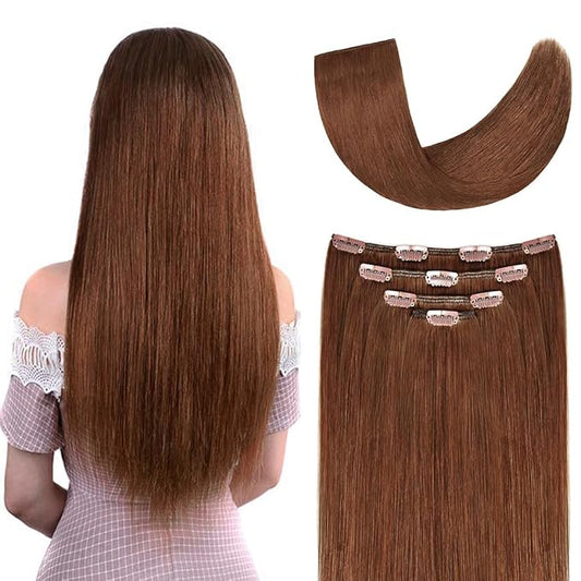 18" Hair Extensions Clip in Human Hair for Women - Silky Straight Remy Real Clip on Extensions Medium Auburn 60grams 4pieces #30 Color