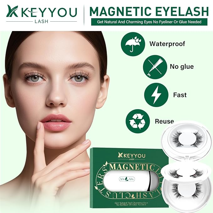 KEYYOU Reusable Magnetic Eyelashes 2 Pair with Applicator No Glue Needed 3D Natural Magnetic Lashes, Easy to Apply & Long Lasting for Daily Use & Events(A06+A06)