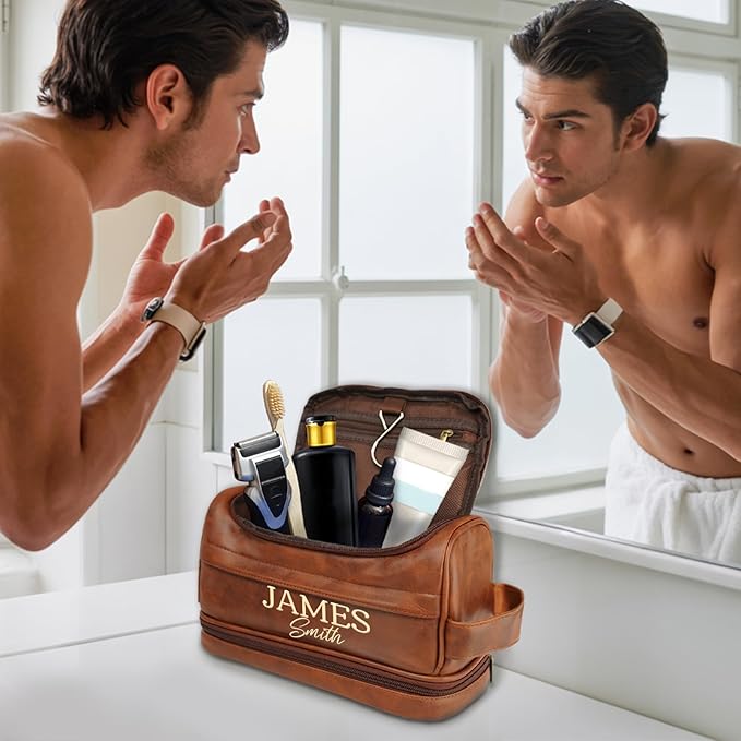 Personalized Toiletry Bag for Men, Gifts for Men, Christmas, Custom Leather Travel Bag Shave Kit, Engraved Pattern Text, Ideal Gift for Him, Dad, Groomsmen, Birthday, Anniversary, Father, Son, Husband