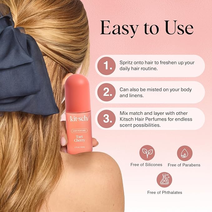 Kitsch Hair Perfume for Women - Tart Cherry | Clean, Deodorizing & Patented Odor-Eliminating Technology Hair Spray & Body Mist - Freshen Hair, Body & Pillows - Fruity Gourmand Scent & Vanilla - 50mL