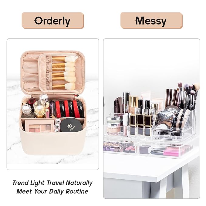 OCHEAL Makeup Bag, Make Up Bag for Cosmetics Vertical Storage,Toiletry Bag for Skincare Makeup Organizer Bag for Travel,With Makeup Brushes Compartments & Dividers -Beige