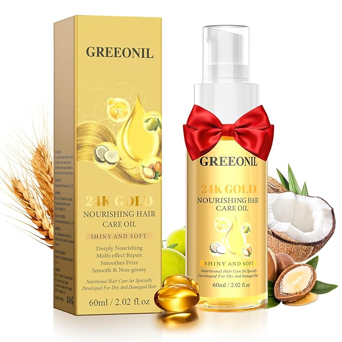24K Gold Argan, Coconut, and Olive Oil Serum for Frizz Control, Shine, and Split End Repair - Nourishing Hair Treatment with Vitamin E, 2.02 fl oz, 60ml