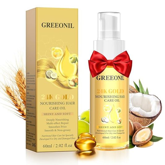 24K Gold Argan, Coconut, and Olive Oil Serum for Frizz Control, Shine, and Split End Repair - Nourishing Hair Treatment with Vitamin E, 2.02 fl oz, 60ml