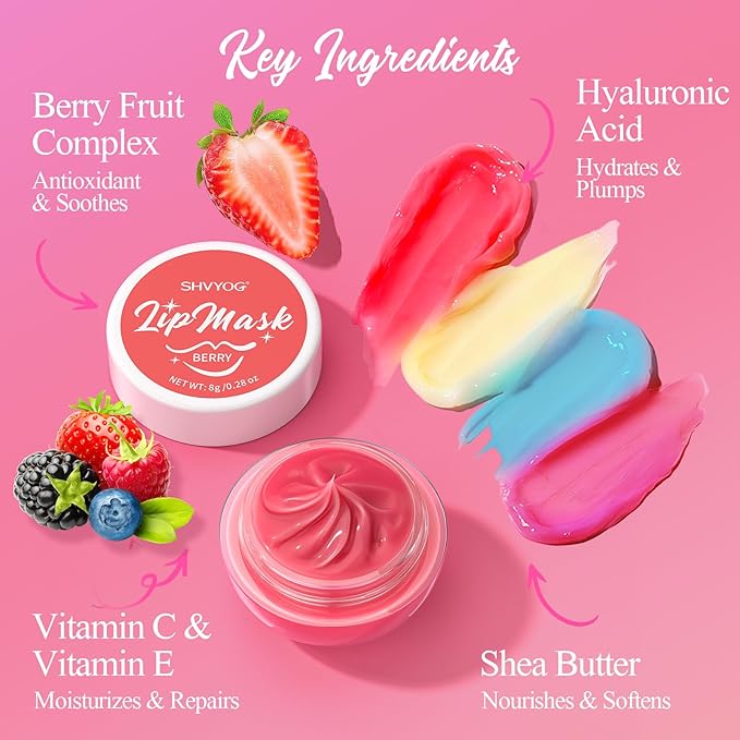 4 Pack Lip Mask Set, Hydrating Lip Mask Overnight - Berry, Grape, Mint, Vanilla Flavors, Lip Sleeping Mask Nourish Lip Balm with Vitamin C & Shea Butter | Dry Lips Care