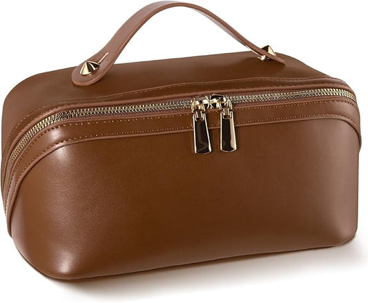 Abiudeng Travel Makeup Bag Large Capacity Toiletry Bag for Travel Essentials Open Flat Makeup bag Organizer with Divider and Handle-Brown