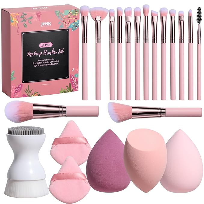 JPNK Makeup Brushes Set – 21PCS Makeup Sponge Triangle Puff Premium Synthetic Foundation Powder Concealers Eye Shadows Blush Brushes with Face Clean Brush