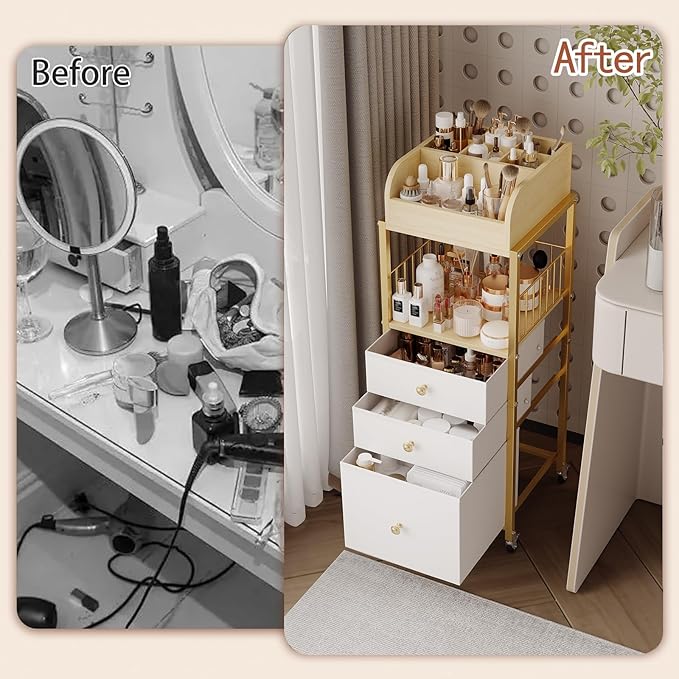 Makeup Organizer Cart with Drawers, Floor Skincare Organizers Make Up Organizers-Vanity Organizer Cosmetic Display Cases Holder for Skin Care Perfume Nail Polish Brush Hair Tool（Gold）