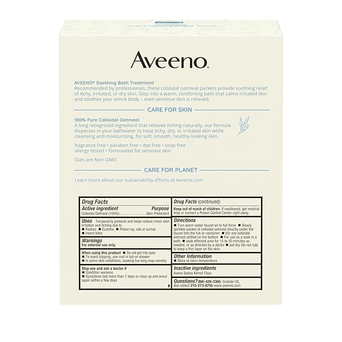 Aveeno Fragrance-Free Soothing Bath Treatment & Soak for Soothing Relief, 100% Natural Colloidal Oatmeal, Relieves Itchy, Irritated Skin Due to Eczema, 8 Single-Use Bath Packets