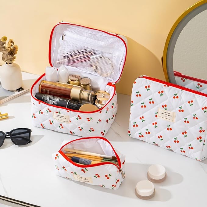 Makeup Bag for Women 3PCS Quilted Cotton Make Up Bag Travel Cosmetic Bag Large Makeup Bag Set Cute Makeups Organizer Floral Toiletry Pouch for Purse, Cherry