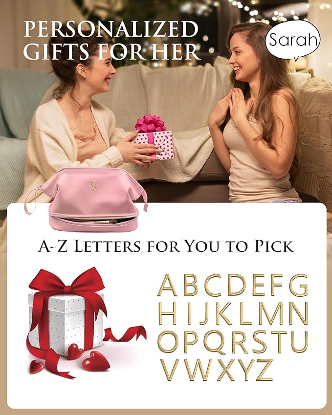 Initial Makeup Bags for Teens Girls, Personalized Double Layer Cosmetic Bag with Makeup Brush Organizer, Large Capacity PU Leather Travel Toiletry Bag, Gifts for Friends Female Mom