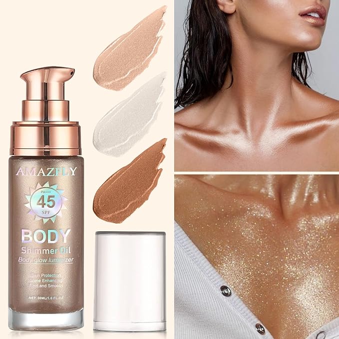 Shimmer Body Oil, SPF 45 Broad Spectrum, Sunscreen Face and Liquid Luminizer Waterproof Moisturizing, Light Shimmer Glow Illuminator, Smooth Body Highlighter Makeup (#01 Rose Gold)