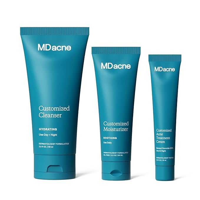 MDacne 3 Step Benzoyl Peroxide Acne Treatment Kit - Benzoyl Peroxide Cream 2.5%, Salicylic Acid Cleanser, Niacinamide Moisturizer – Medicated Plant-Based Kit for Adult & Teen Acne, 30 Day Acne Kit