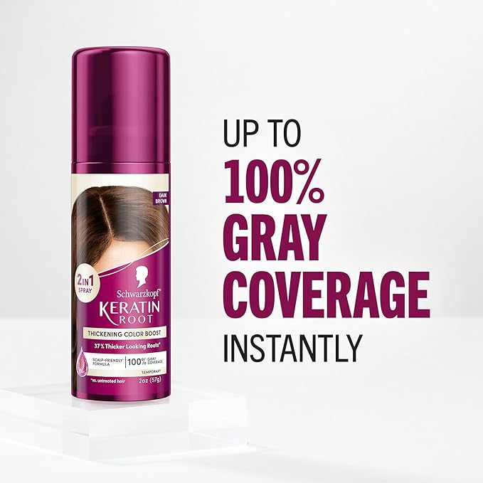 Schwarzkopf Keratin Root Temporary Hair Color Spray, Dark Brown, Instant Gray Coverage, Thicker, Fuller-Looking Roots, Easy-to-Use, No Ammonia, Low Mess Application, Scalp Friendly