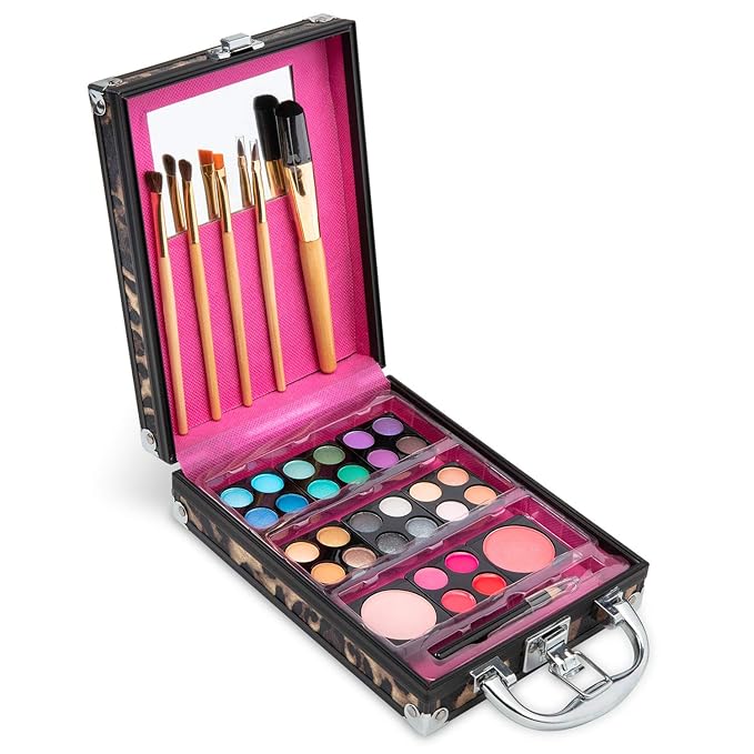 Vokai Makeup Kit Gift Set - Leopard Print Travel Case 24 Eye Shadows 4 Lip Glosses 2 Blushes 5 Brushes 1 Eye Liner Pencil - Case with Carrying Handle
