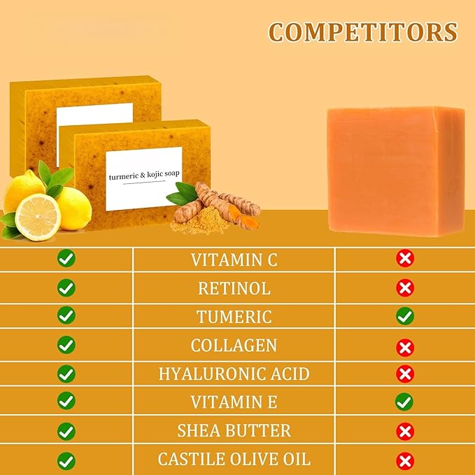 Turmeric Soap for Spots Remover - Honey Lemon Turmeric Kojic Soap Bar for Face and Body, Organic Daily Use Skin Care Soaps, Evens Skin Tone Deep Cleansing Moisturizing (3pcs)