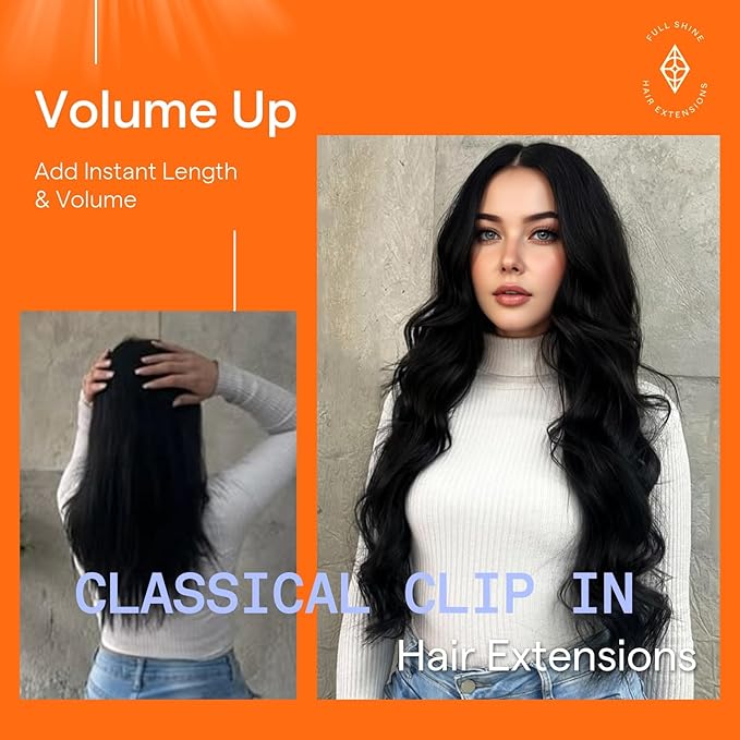 Full Shine Clip in Hair Extensions Black Women Jet Black Human Hair Extensions for Thinning Hair 7 Pcs 12 Inch 95 G