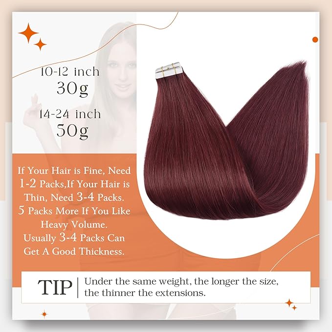 Full Shine Tape Extensions Color 99J Wine Red Tape in Hair Extensions Human Hair 22Inch Remy Seamless Skin Weft Straight Invisible Extension 100G 40Pcs for Natural Look