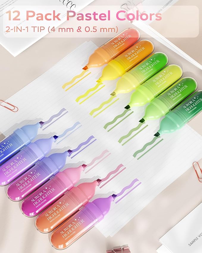 Four Candies 12 Pcs Highlighters Assorted Colors, Cute Pastel Highlighter Set, Dry Quickly, Soft Chisel Tip, Assorted Colors Bible Highlighter for No Bleed, Aesthetic Highlighters for School, Office