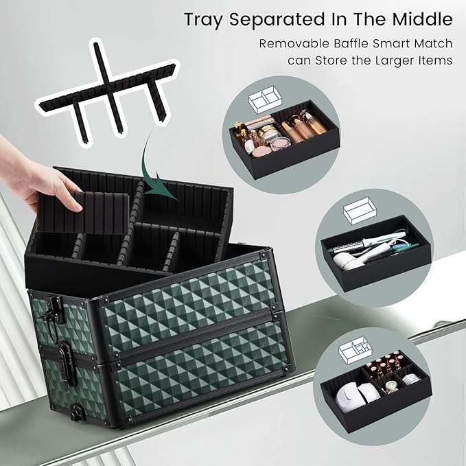 Stagiant Rolling Makeup Case 4 in 1 Cosmetology Case on Wheels Makeup Travel Case with Cosmetic Bag Key Swivel Wheels Salon Barber Case Traveling Cart Trunk Cosmetic Trolley Green