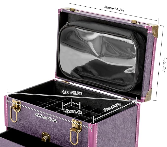 Makeup Train Case, Rolling Makeup Trolley Case, 3 Tiers Lockable Nail Polish Organizer with 2 Keys 4 Wheels (2 with Brakes) for Travel Makeup Artists Nail Technicians (Purple Case, Tan Lock)