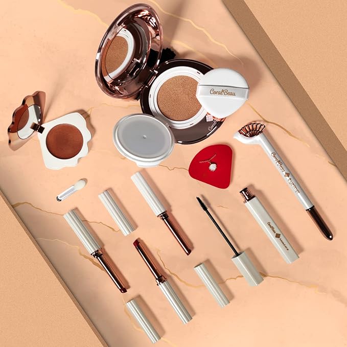 Makeup Kit for Teens - All in One Shell Makeup Kit with Compact BB Cream Powder, Eyeshadow Palette with Brown Shades, Eye Shadow Brush, Mascara, 3 Lipsticks, Necklace - Make Up Gift Set Box