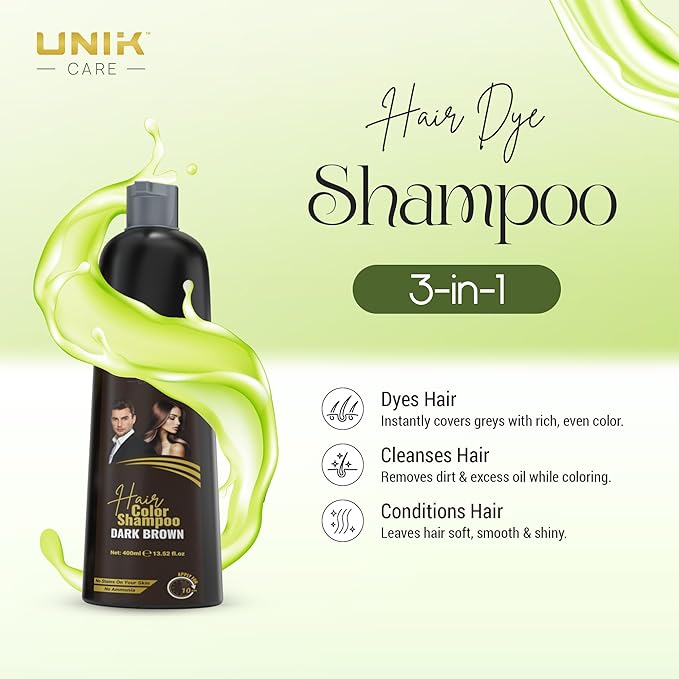 Dark Brown Hair Dye Shampoo 400ml – 3 in 1 Natural Color Shampoo for Gray Hair – Ammonia-Free Hair Dye for Women & Men – Long-Lasting Instant Natural Brown Coverage