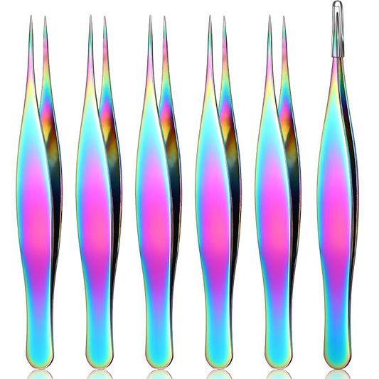 Honoson 6 Pieces Tweezers for Ingrown Hair Remover Pointed Blackhead Remover Point Tip Tweezers Stainless Steel for Nose Facial Hair Eyebrow and Shards(Rainbow Color)