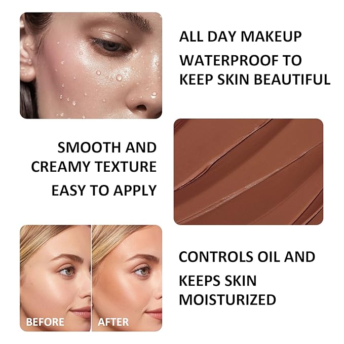 3PCS Cream Contour Stick Kit,Matte Waterproof Blush Highlighter Bronzer Contour Stick with Brush,Non-greasy Creamy Travel Size Contouring Stick Makeup Set for Face,Suitable for All Skin Types