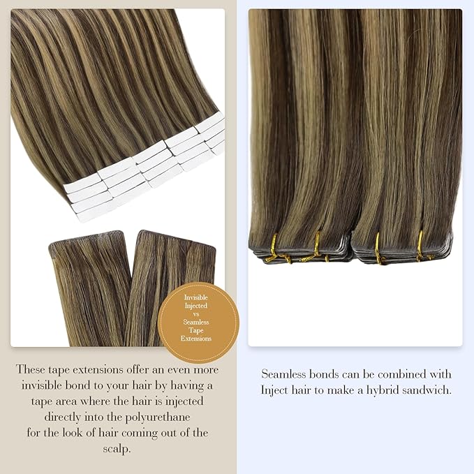 Full Shine Remy Virgin Injection Tape in Hair Extensions Real Human Hair Color BM Balayage Tape in Extensions 16 Inch Seamless Tapes in Human Hair Invisible Tapes Extensions 5Pcs 10G