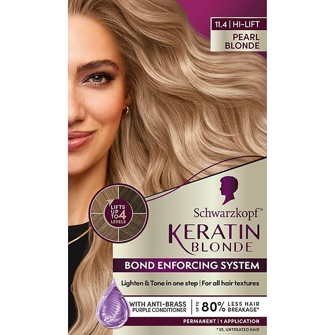 Schwarzkopf Keratin Blonde Hair Dye, 11.4 Pearl Blonde, Professional Quality Hi-Lift Permanent Hair Color, Bond Enforcing System Helps Prevent Breakage* Pre-Color Serum & Purple Conditioner Included