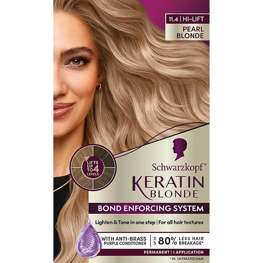Schwarzkopf Keratin Blonde Hair Dye, 11.4 Pearl Blonde, Professional Quality Hi-Lift Permanent Hair Color, Bond Enforcing System Helps Prevent Breakage* Pre-Color Serum & Purple Conditioner Included